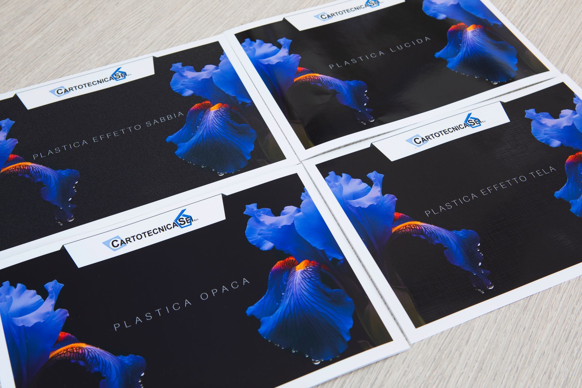 Campioni di plastificazione: effetto sabbia, lucida, opaca ed effetto tela
